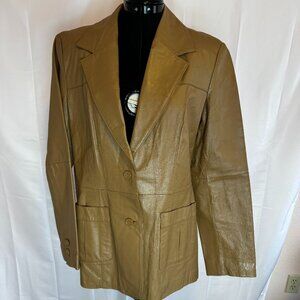 Newport News Sz 14 Tan 100%Leather 2 Buttons Seam detail Pockets Blazer Vintage